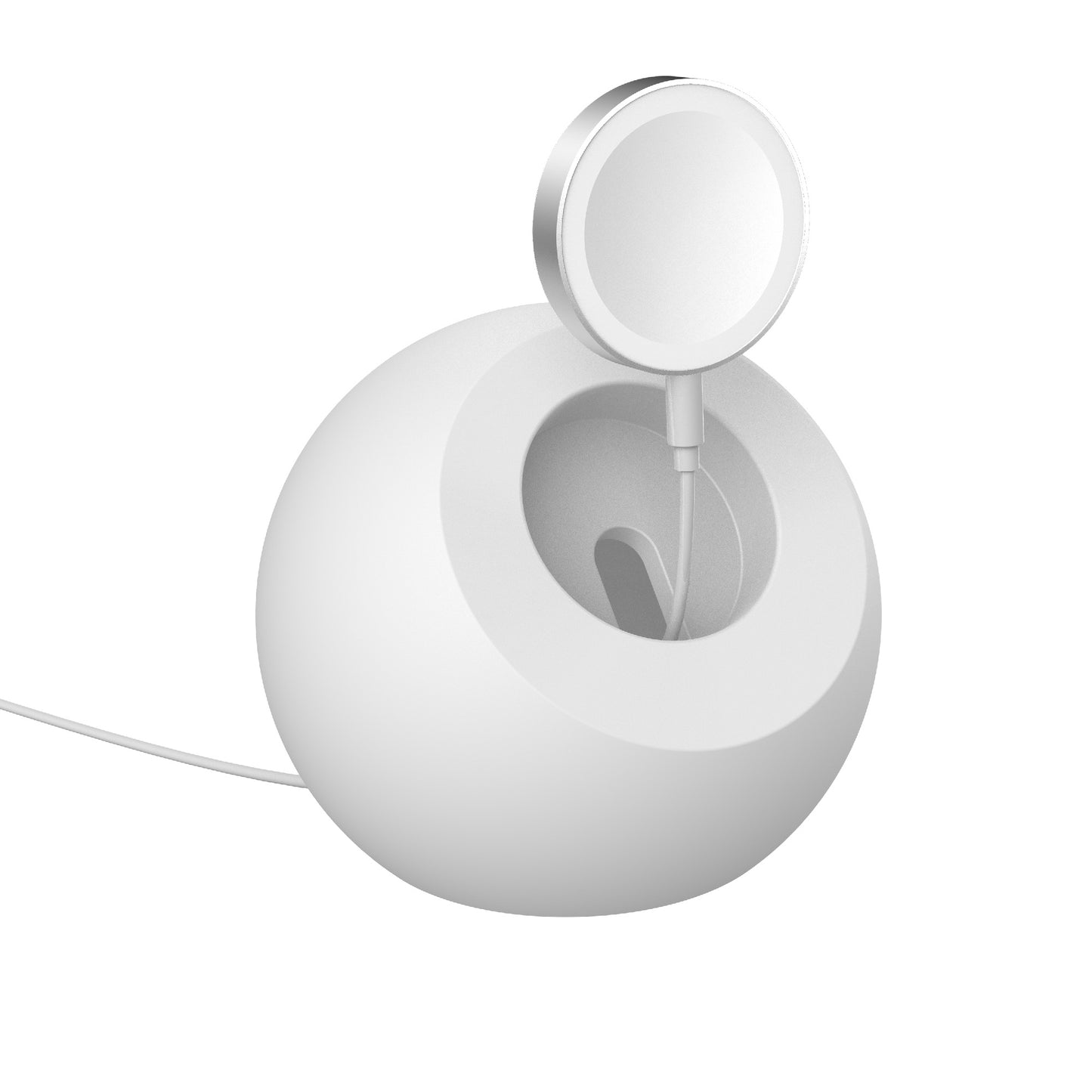 Der arktis Apple Watch Orbit Stand ist ein runder, weißer Halter für ein magnetisches Ladegerät mit Kabel, der ein stilvolles Aufladen Ihrer Apple Watch ermöglicht.