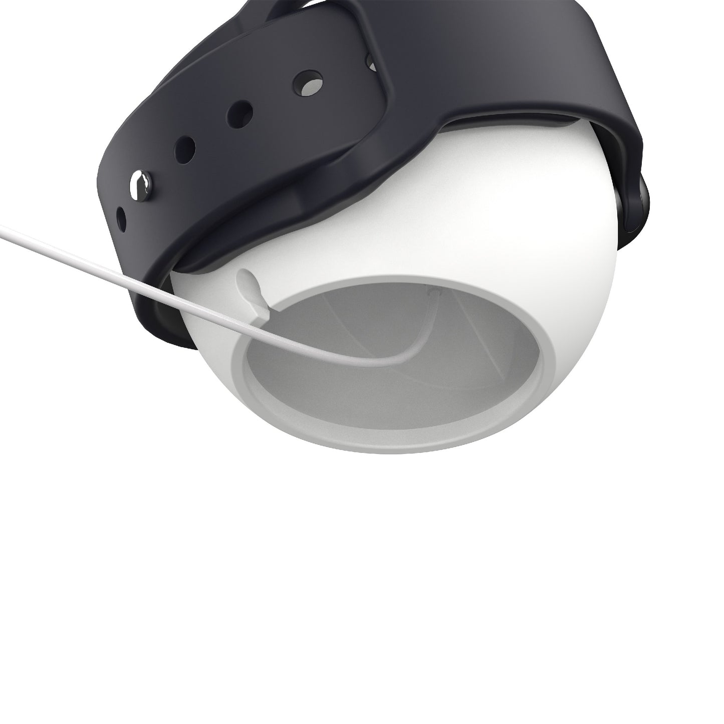 Nahaufnahme des arktis Apple Watch Orbit Stand, ein weißer, kugelförmiger Ladehalter von arktis mit schwarzem Armband und seitlichem Kabel, der für organisiertes Laden konzipiert ist.