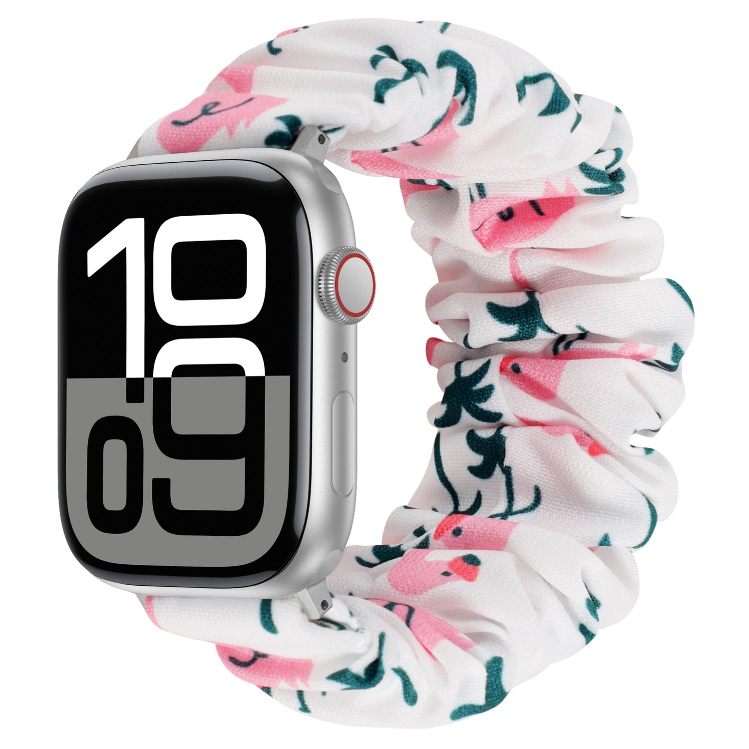 Das arktisband Apple Watch Armband "Elanora" besteht aus einem silbernen Smartwatch-Armband mit weißem Scrunchie-Design, das mit rosa Flamingos und grünen Blättern verziert ist - perfekt, um Ihrer Apple Watch-Kollektion ein besonderes Flair zu verleihen.