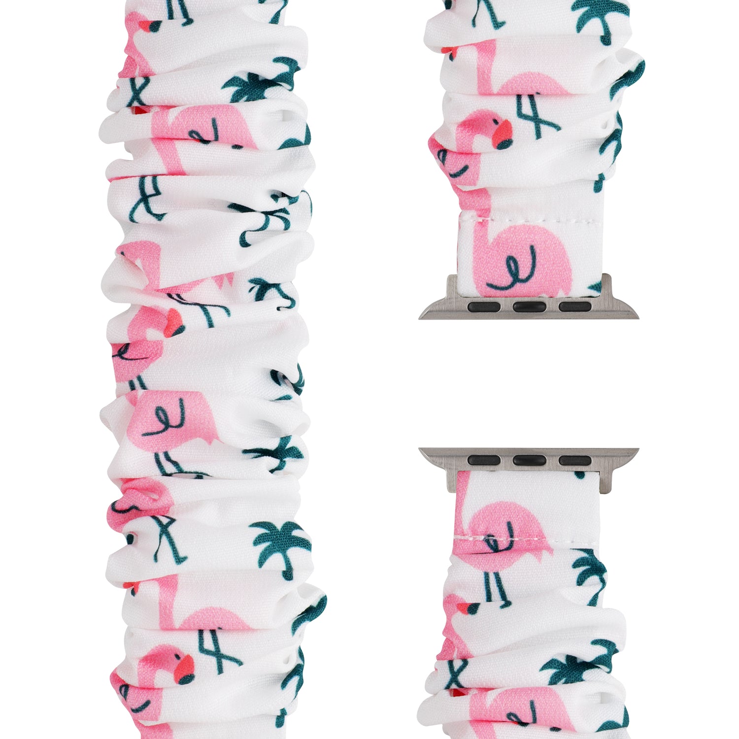 Das arktisband Apple Watch Armband "Elanora" ist ein weißes Scrunchie-Nylon-Armband mit pinkem Flamingo- und Palmen-Print, von drei Seiten gezeigt. Ein trendiges Accessoire von arktisband für deine Apple Watch.