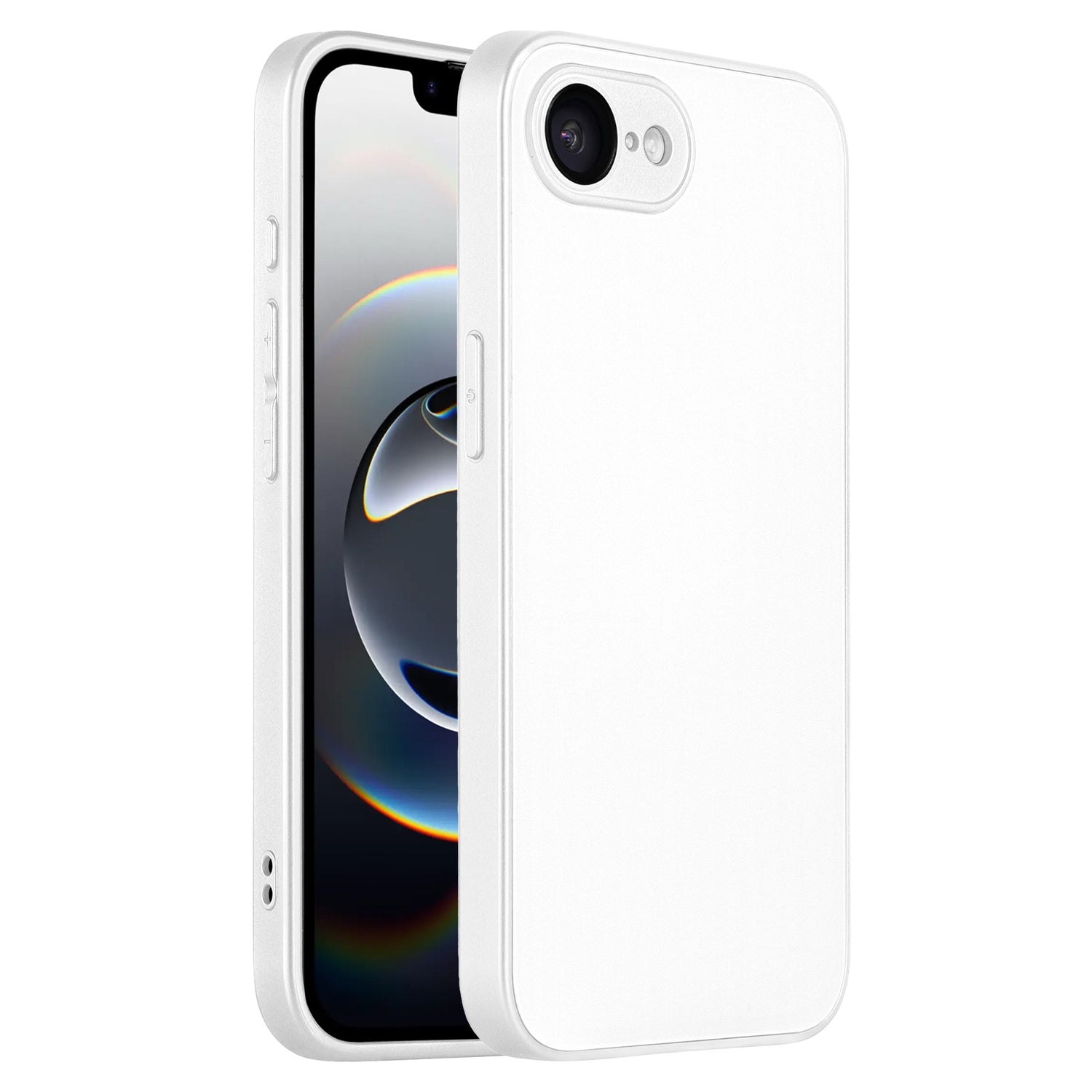 The arktis iPhone 16e Tech Case in white is shown upright at an angle, featuring its screen on the left and the back with Kameraschutz and a camera lens on the right.