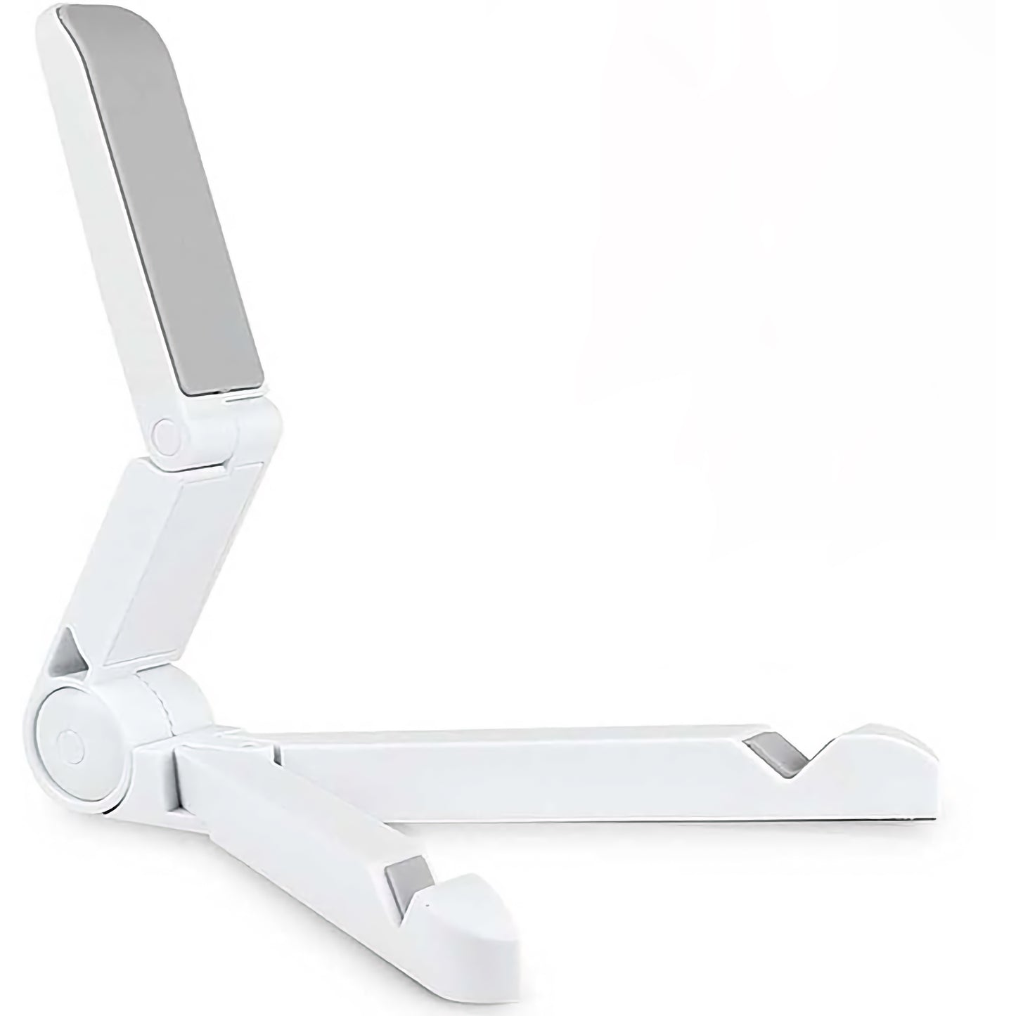 Die arktis klappbare iPad Halterung ist ein faltbarer, verstellbarer weißer Tablet- oder Telefonständer von arktis, der geöffnet auf weißem Hintergrund gezeigt wird.