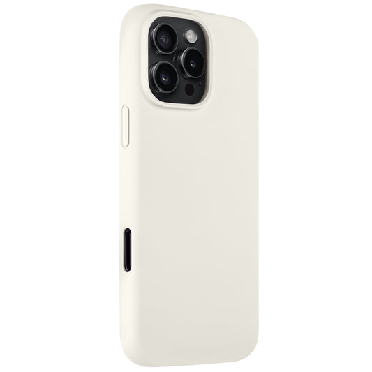 Das Arktis iPhone 16 Pro Silikon Case in Weiß schützt das iPhone 16 Pro mit drei Kameras, Blitz und seitlichen Tasten. Die schlanke Hülle von Arktis unterstützt kabelloses Laden und wird auf weißem Hintergrund präsentiert.