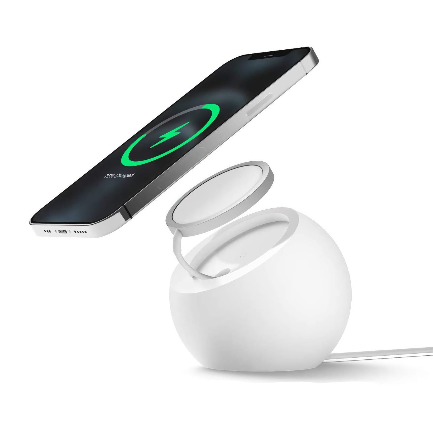 Ein arktis Smartphone schwebt über dem arktis MagSafe Orbit Stand, einem kugelförmigen kabellosen Ladegerät, mit einem Ladesymbol auf dem Bildschirm.