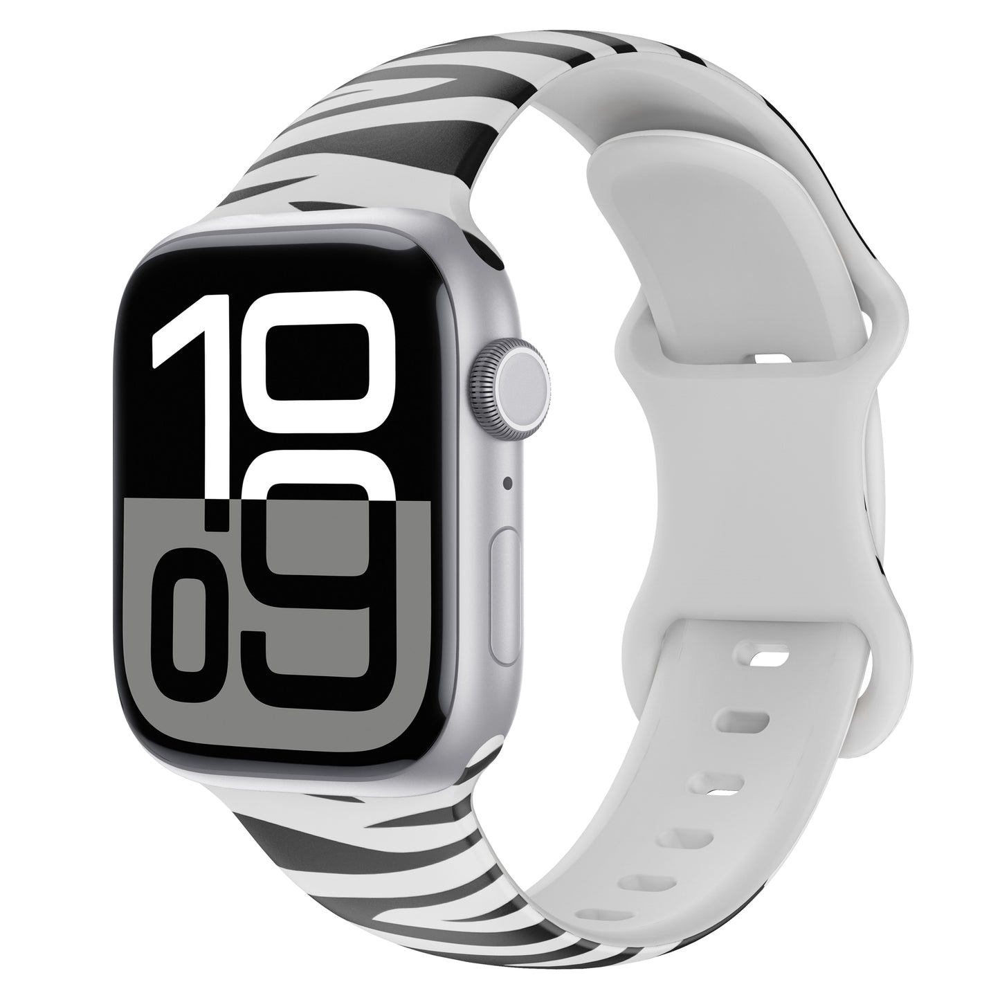 Die arktisband EDITION für Apple Watch von arktisband verfügt über ein Silikonarmband mit Zebramuster und eine auffällige schwarz-weiße Digitalanzeige mit 10:09.