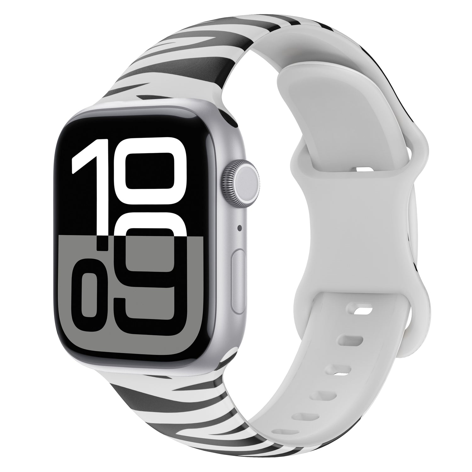 Die arktisband EDITION für Apple Watch von arktisband verfügt über ein Silikonarmband mit Zebramuster und eine auffällige schwarz-weiße Digitalanzeige mit 10:09.