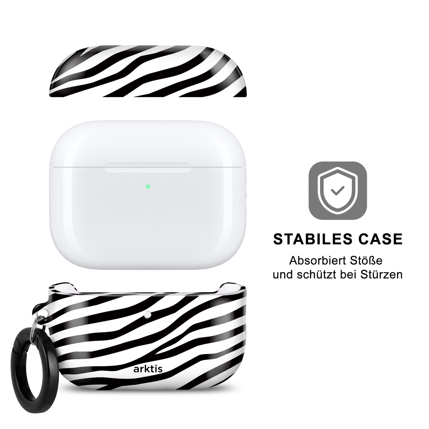 Die arktis AirPods Pro 3 Hülle – Zebra bietet robusten Schutz und einen Schlüsselring, verfügt über eine Stoßdämpfung aus Deutschland und ist ein stilvolles, praktisches AirPods Pro 3-Zubehör für Ihr Gerät.