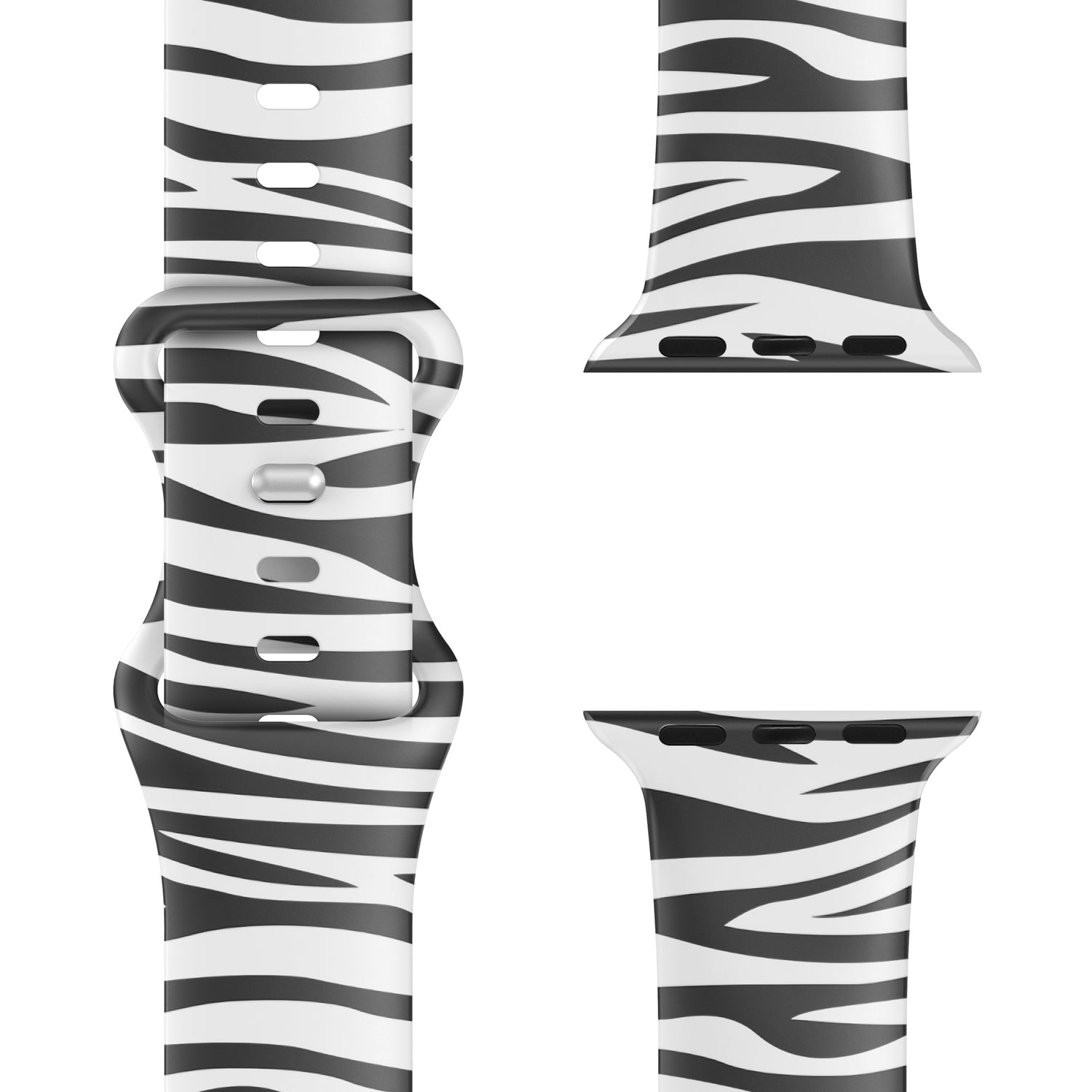 Arktisband Zebra Apple Watch Armband von arktisband mit schwarz-weißem Zebramuster, kompatibel mit Apple Watch, als Sportarmband aus verschiedenen Blickwinkeln auf weißem Hintergrund gezeigt.
