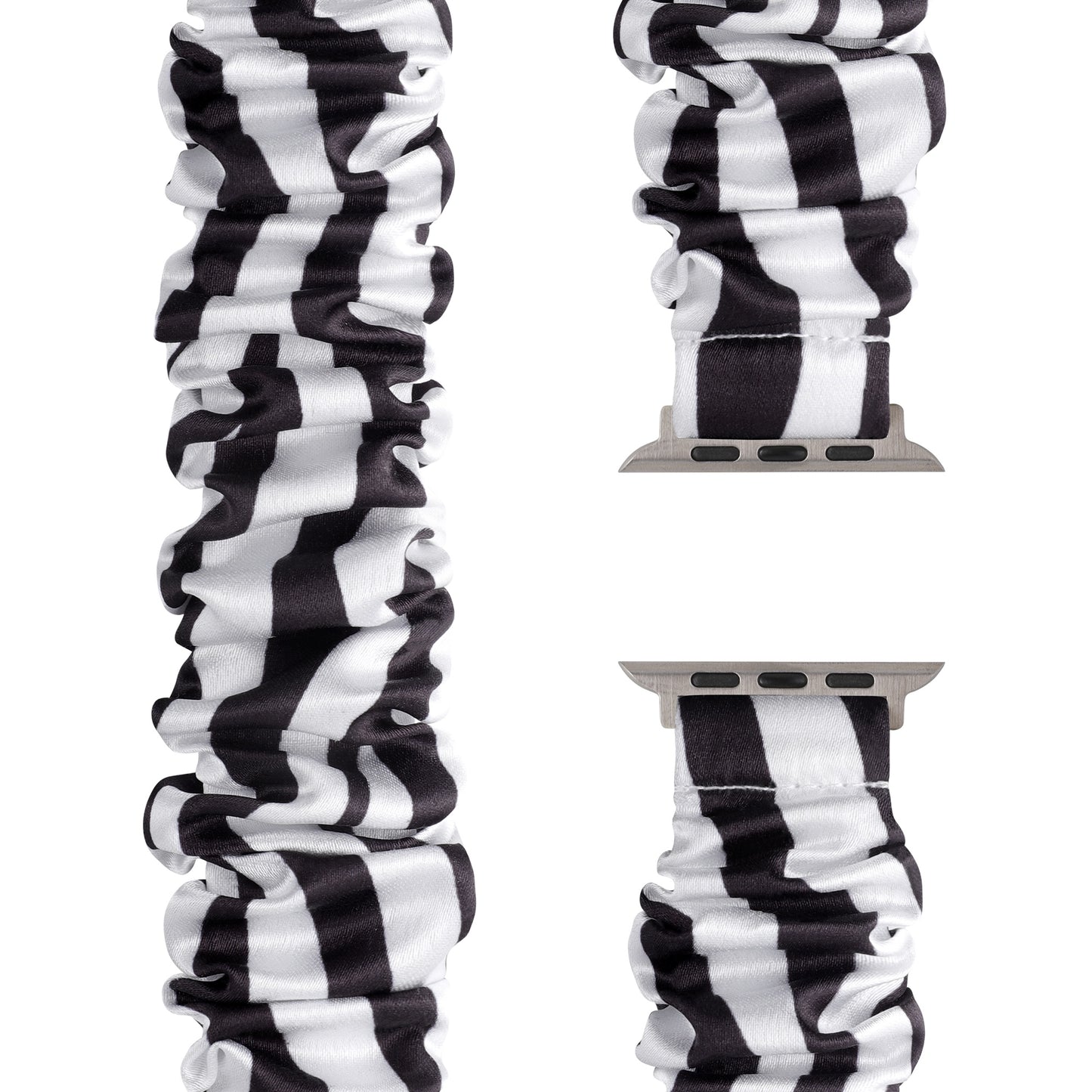 Das arktisband Apple Watch Scrunchie Armband "Elanora" zeichnet sich durch ein schwarz-weiß gestreiftes Design mit einem silbernen Anschluss aus, der aus verschiedenen Blickwinkeln gezeigt wird. Dieses elastische Band von arktisband bietet Komfort und Stil für Ihr Gerät.
