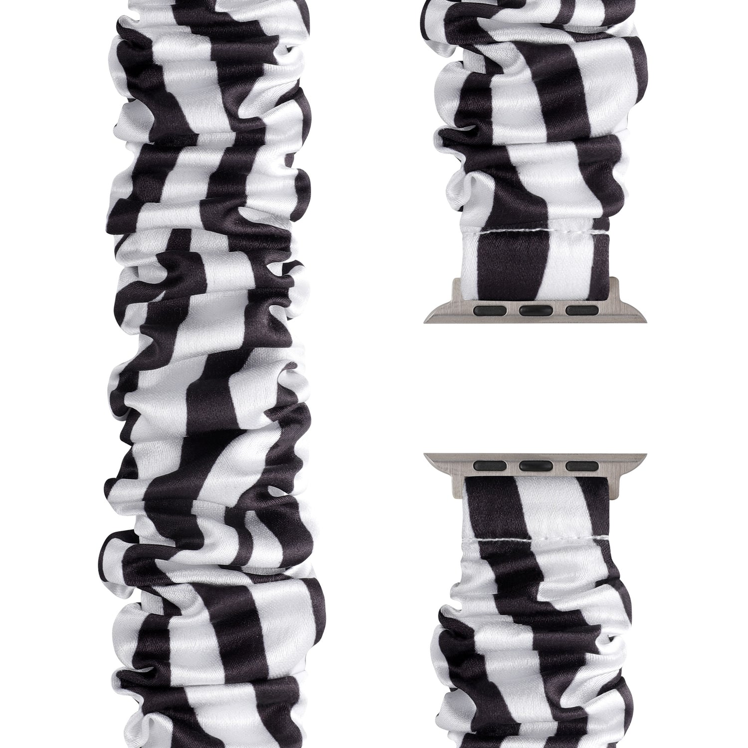 Das arktisband Apple Watch Scrunchie Armband "Elanora" zeichnet sich durch ein schwarz-weiß gestreiftes Design mit einem silbernen Anschluss aus, der aus verschiedenen Blickwinkeln gezeigt wird. Dieses elastische Band von arktisband bietet Komfort und Stil für Ihr Gerät.
