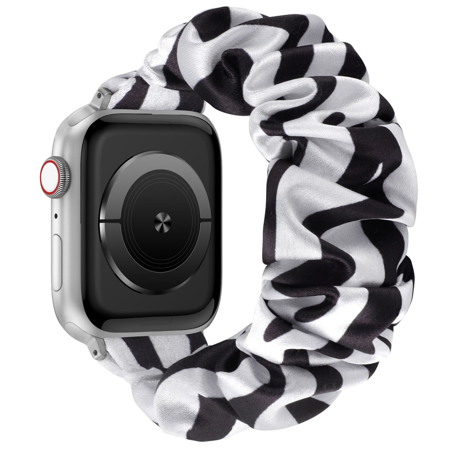 Arktisband Apple Watch Scrunchie Armband "Elanora" in schwarz und weiß, mit dem Bildschirm nach links.