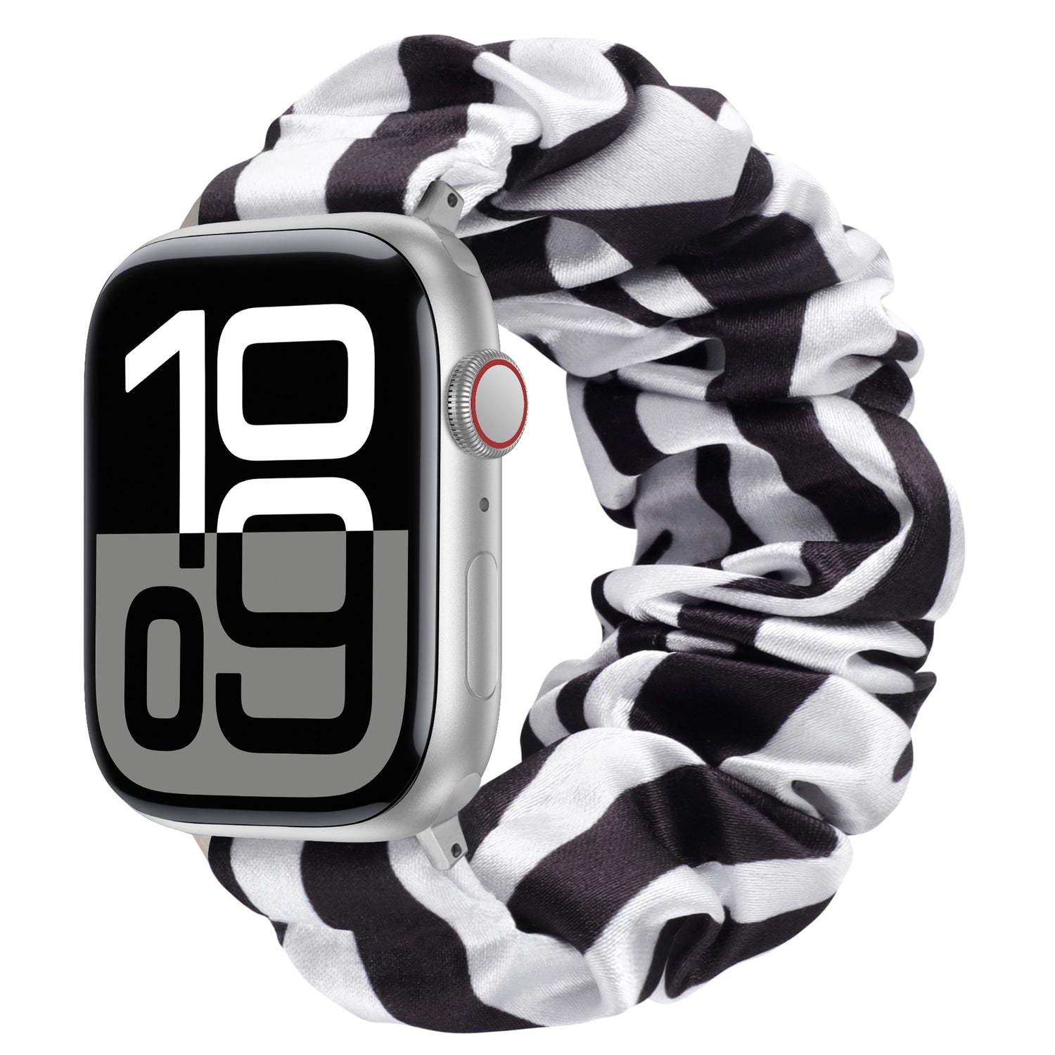Das arktisband Apple Watch Scrunchie Armband "Elanora" verfügt über ein schwarz-weißes Gummiband für hohen Tragekomfort und eine übersichtliche digitale Uhranzeige.