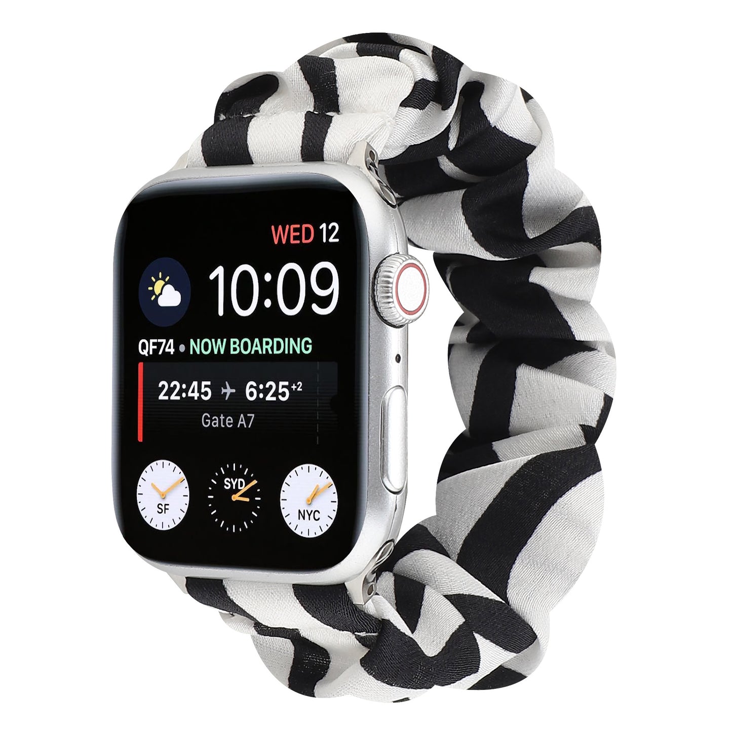 Abgebildet ist das arktisband Apple Watch Scrunchie Armband "Elanora" in schwarz-weiß, auf dessen Bildschirm die Uhr Zeit- und Fluginformationen anzeigt.