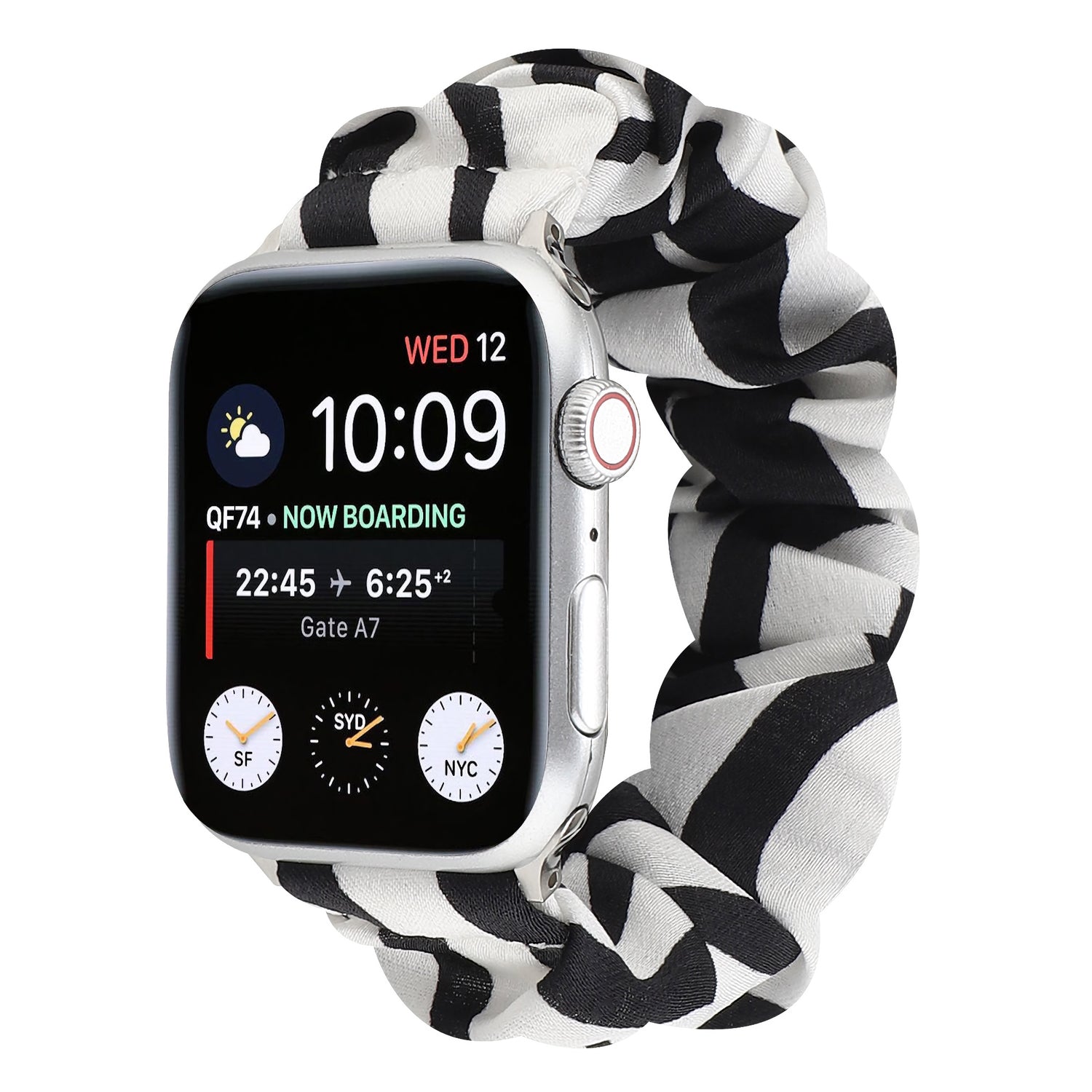 Abgebildet ist das arktisband Apple Watch Scrunchie Armband "Elanora" in schwarz-weiß, auf dessen Bildschirm die Uhr Zeit- und Fluginformationen anzeigt.