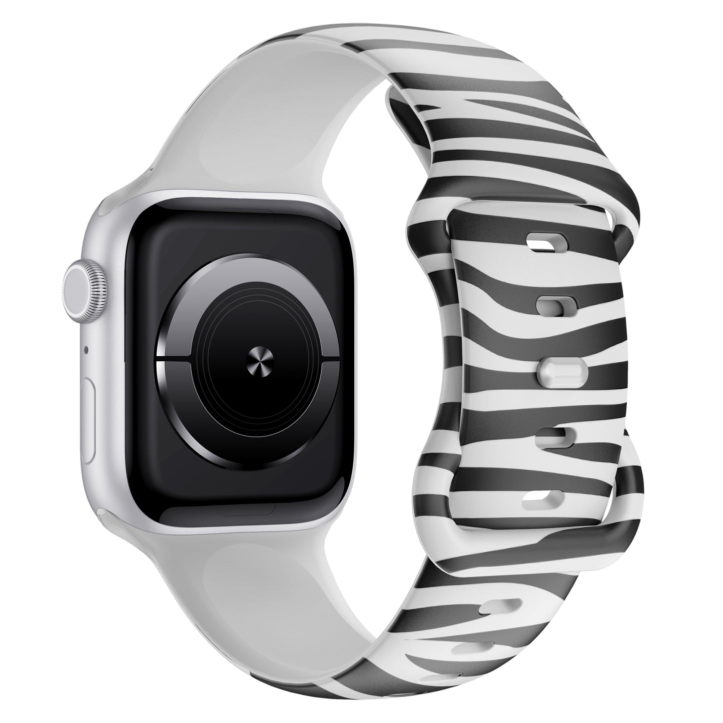 Die arktisband EDITION für Apple Watch von arktisband verfügt über ein zebragestreiftes Silikonarmband sport, ein schwarzes Display und ein elegantes silbernes Gehäuse.
