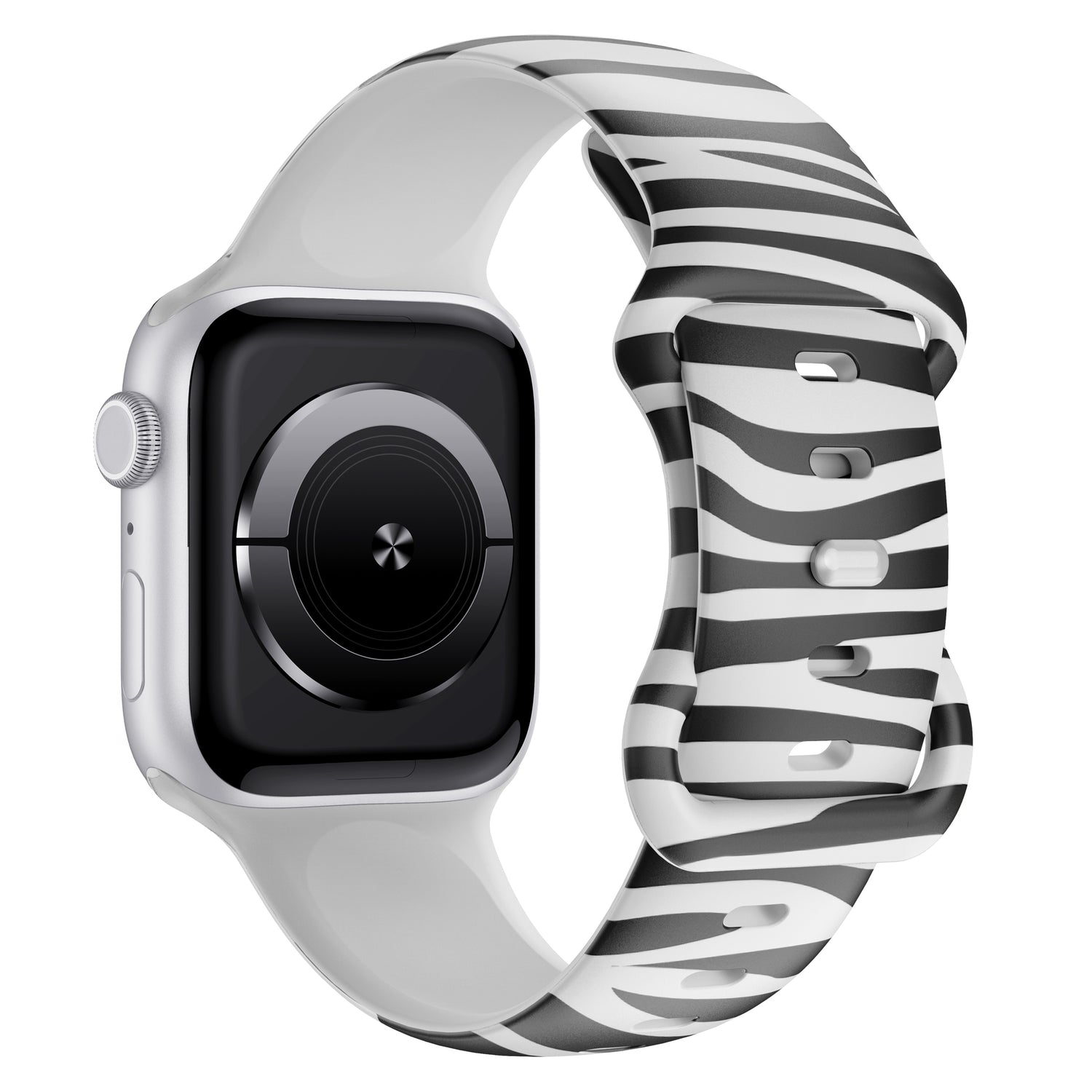 Die arktisband EDITION für Apple Watch von arktisband verfügt über ein zebragestreiftes Silikonarmband sport, ein schwarzes Display und ein elegantes silbernes Gehäuse.