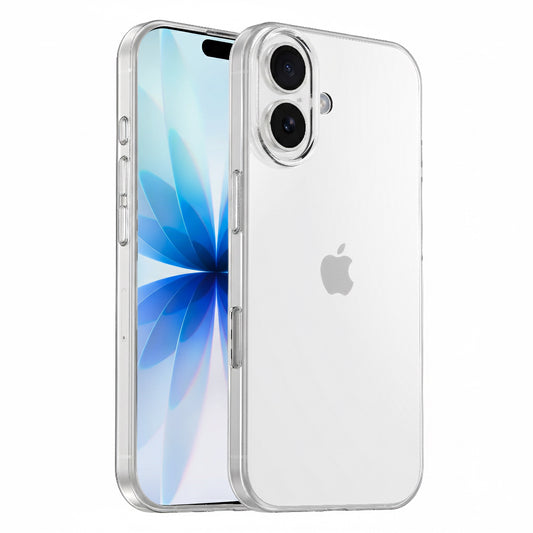 Das arktis iPhone 17 ZERO Case der Marke arktis ist ein ultradünnes, transparentes TPU-Silikon-Case auf einem weißen iPhone mit Dual-Kamera; das Display zeigt ein blaues Blumenmuster.