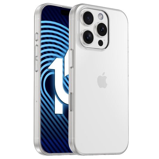 Das arktis iPhone 17 ZERO Case, eine transparente, ultradünne Hülle von arktis, schützt ein silbernes iPhone 17 mit drei rückseitigen Kameras. Das Display zeigt ein blau-schwarzes abstraktes Design mit einer fettgedruckten weißen „1“, und das Apple-Logo bleibt auf der Rückseite sichtbar.