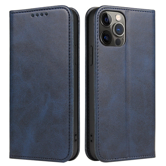 Die Mobiletto iPhone 14 Pro Max UltraSlim Schutzhülle von Mobiletto aus dunkelblauem Leder ist offen und geschlossen abgebildet und verfügt über Aussparungen für Kamera und seitliche Tasten. Die TPU-Silikon-Schale bietet zusätzlichen Schutz in einem ultraschlanken Design.
