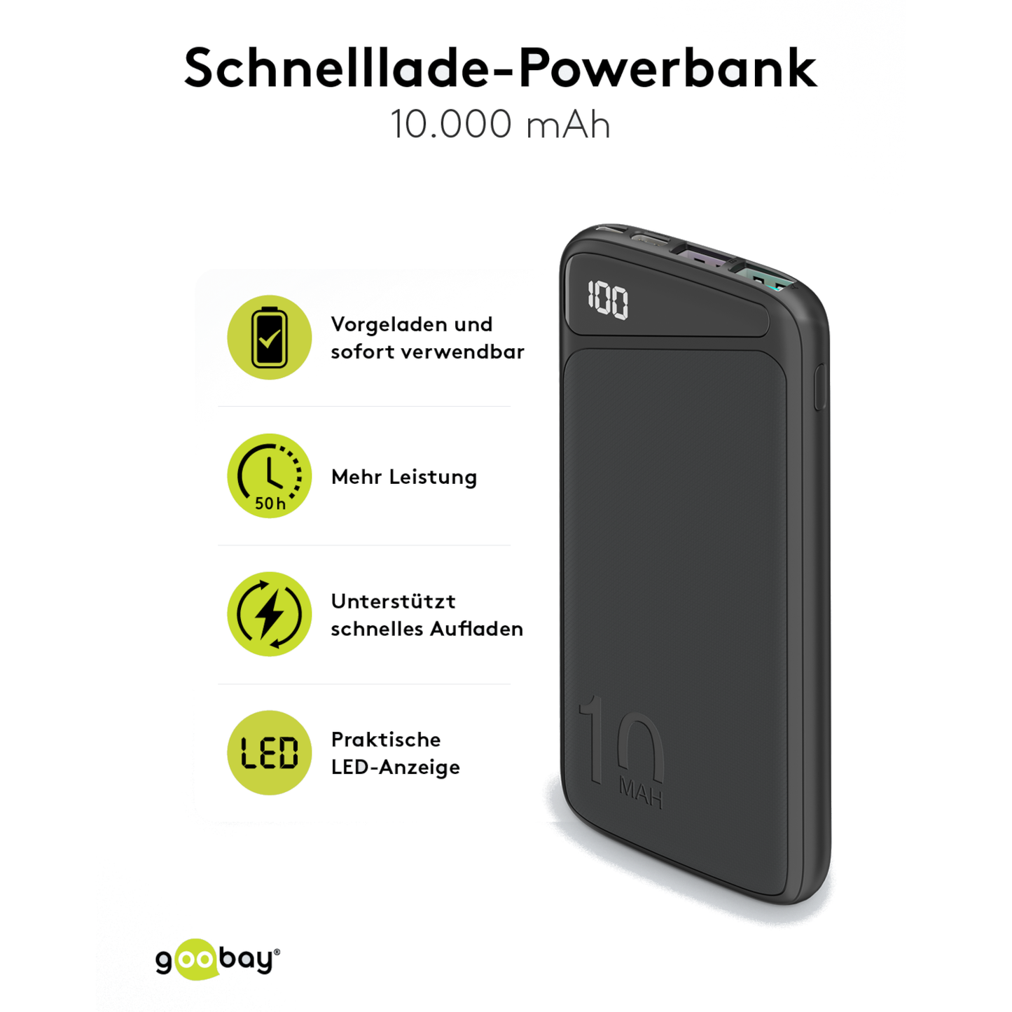 Goobay Schnelllade-Powerbank 10.000 mAh mit PD QC 3.0