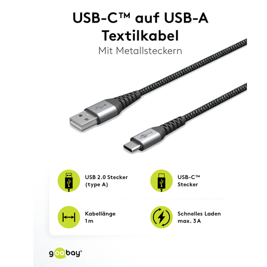 USB-C auf USB-A Kabel Textilkabel mit Metallsteckern