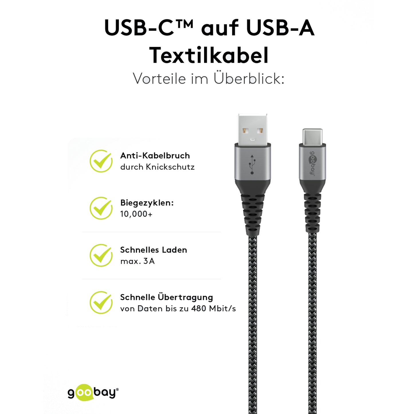 USB-C auf USB 2.0 Kabel Textilkabel mit Metallsteckern