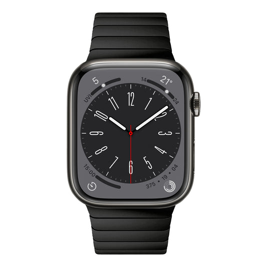 Eine schwarze Smartwatch mit rechteckigem Zifferblatt zeigt eine analoge Uhr und digitale Details, ausgestattet mit dem Arktisband Apple Watch Edelstahl Gliederarmband "Iconic" mit Butterfly-Schließe, kompatibel mit der Apple Watch.