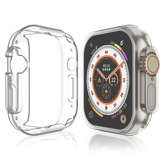 Das ArktisPRO Invisible Air Case für Apple Watch Ultra von arktis.de aus flexiblem TPU bietet 360°-Schutz und wird neben einer Smartwatch mit lebendiger Digitalanzeige angezeigt.