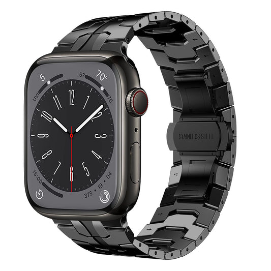 Das Arktisband „Momento“-Armband für die Apple Watch ist ein schwarzes Edelstahl-Gliederarmband mit der Gravur „EDELSTAHL“, einer drehbaren Krone und einem rechteckigen Zifferblatt mit einer analogen Uhr, kompatibel mit der Apple Watch.