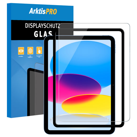 Das Bild zeigt das ArktisPRO iPad 11" (2022/2025) Displayschutz GLAS in blauer und schwarzer Verpackung mit Symbolen und Text sowie zwei klare ArktisPRO-Displayschutzgläser mit oleophober Beschichtung, die über einem farbenfrohen iPad-Display angebracht sind.