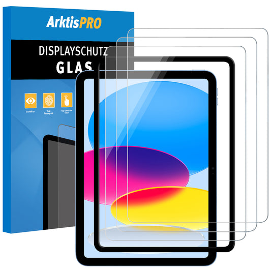 Set mit 3 transparenten ArktisPRO iPad 11" (2022/2025) Displayschutzfolien aus GLAS mit oleophober Beschichtung für einfache Reinigung – perfekt als langlebiger iPad-Displayschutz. Verpackung mit der Aufschrift ArktisPRO.
