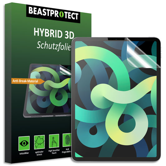 Die Beastprotect iPad 11" (2022/2025) Schutzfolie HYBRID 3D besteht aus Nano-Polymer und wird zusammen mit der Verpackung und einem teils aufgetragenen Schutzfilm am Tablet gezeigt.
