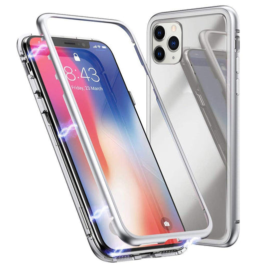Das magnetische Aluminiumgehäuse von Aviato für das iPhone 11 Pro schützt Ihr Gerät, ist offen und geschlossen dargestellt und unterstützt kabelloses Laden für zusätzlichen Komfort.