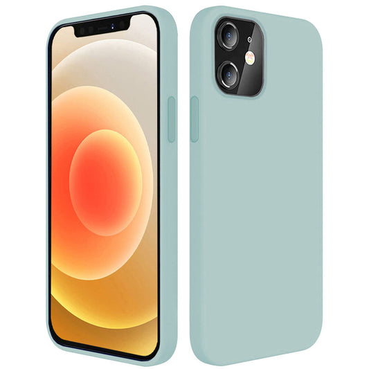 Das iCEO iPhone 12 Silikon Case von iCEO ist in Hellblau gehalten und verfügt über zwei Kameralinsen und einen Blitz oben links. Die Vorderseite zeigt ein abstraktes orangefarbenes Hintergrundbild. Das Case unterstützt kabelloses Laden.