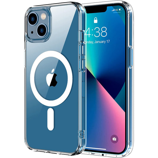 Das iCEO iPhone 13 mini Crystal Case mit MagSafe – Transparent ist auf einem iPhone 13 mini abgebildet und zeigt die Uhrzeit (4:38) und das Datum (Montag, 17. Januar) mit einem weißen MagSafe-Symbol und zwei Rückkameras an.