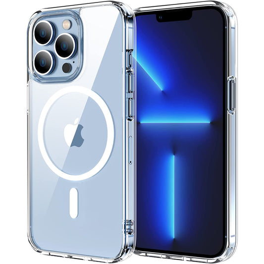 Das iCEO iPhone 13 Pro Crystal Case mit MagSafe – Transparent von iCEO verfügt über eine dreifache Kameraaussparung, einen blau leuchtenden Bildschirmeffekt, stoßabsorbierendes TPU-Silikon und einen sichtbaren MagSafe-Ring auf der Rückseite zur sicheren Befestigung.