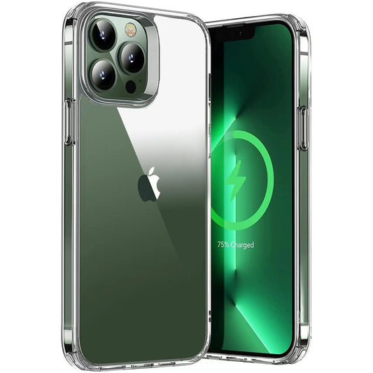 Die ArktisPRO iPhone 13 Pro Hülle Cushion Clear Case glasklar von ArktisPRO schützt stoßfest mit Acrylglas-Material; abgebildet auf einem grünen iPhone 13 Pro mit 75% Akkustand.