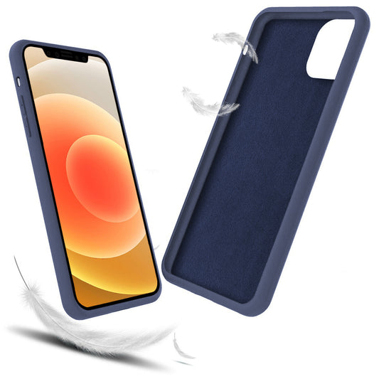Das iCEO iPhone 13 mini Silikon Case in Dunkelblau mit weicher Innenseite und kabelloser Ladekompatibilität wird neben einem Telefon und schwebenden weißen Federn gezeigt – eine elegante Hülle für Ihr Gerät.