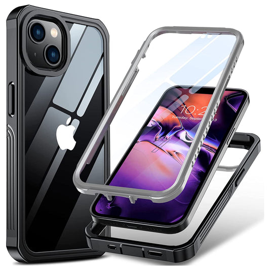 Das ArktisPRO iPhone 14 Plus 360ULTIMATE Case – Schwarz wird mit einem Telefon und einer durchsichtigen Frontabdeckung gezeigt, bietet 360-Grad-Schutz und kann aus mehreren Winkeln angezeigt werden.
