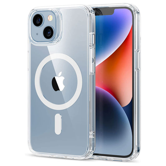 Das iCEO iPhone 14 Plus Crystal Case mit MagSafe – Transparent, aus TPU-Silikon und Acrylglas, zeigt das Apple-Logo durch die klare Hülle auf einem bunten Display.