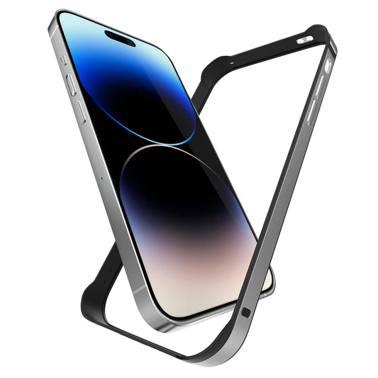 Der Aviato AirZERO Alu Bumper für das iPhone 14 Pro verfügt über einen schwarzen Flugzeugaluminiumrahmen, ein großes Display mit abgerundeten Kanten und blau-schwarzen Farbverläufen, bietet Schutz mit seinem einzigartigen Bumper-Design und unterstützt kabelloses Laden.