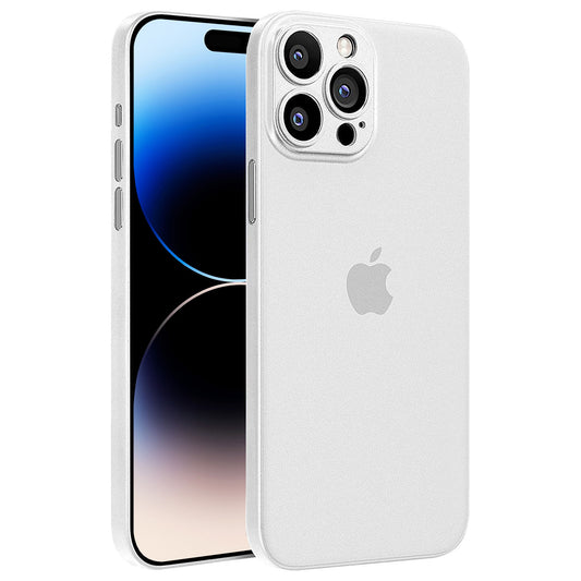 Die ArktisPRO iPhone 14 Pro Max Hülle ULTRADÜNN von ArktisPRO bietet eleganten Schutz für ein weißes iPhone 14 Pro Max mit dreifacher Rückkamera und einem Farbverlaufsbildschirm, der aus Vorder- und Rückwinkeln gezeigt wird.