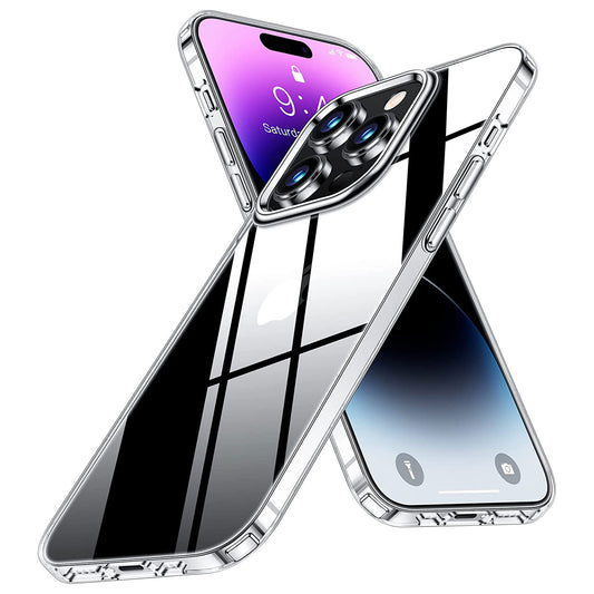 Zwei Aviato iPhone 14 Pro Max CrystalGlass Schutzhüllen, überlappend in X-Form auf Vorder- und Rückseite des Displays. Die transparente Hülle verfügt über stoßabsorbierendes TPU-Silikon von Aviato für ultimativen Smartphone-Schutz.