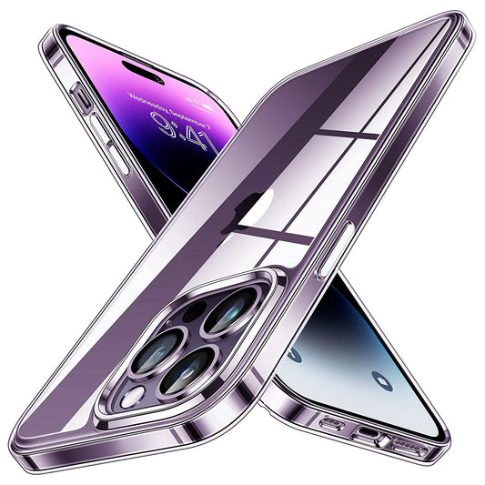 Zwei ArktisPRO iPhone 14 Pro ZERO Case Ultra Clear TPU-Silikonhüllen sind gekreuzt und zeigen Vorder- und Rückseite. Jede ultradünne Hülle von ArktisPRO bietet kristallklaren Schutz für Ihr iPhone 14 Pro, ohne aufzutragen.