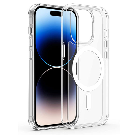 Das iCEO iPhone 14 Pro Crystal Case mit MagSafe – Transparent von iCEO wird neben einem Smartphone mit einem blau-schwarzen Farbverlaufsbildschirm angezeigt.