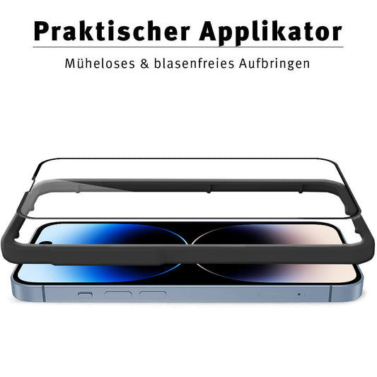 Über einem Smartphone-Bildschirm ist ein schwarzer Rahmenapplikator zu sehen. Deutscher Text lautet: Praktischer Applikator – Müheloses & blasenfreies Aufbringen der kratzfesten ArktisPRO iPhone 14 Pro FULL COVER Displayschutz GLAS.