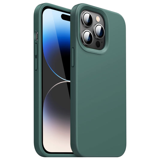 Die iCEO iPhone 14 Pro Max Silikonhülle in Blaugrün schützt Ihr Telefon und zeigt das Frontdisplay und die hinteren Kameraobjektive.