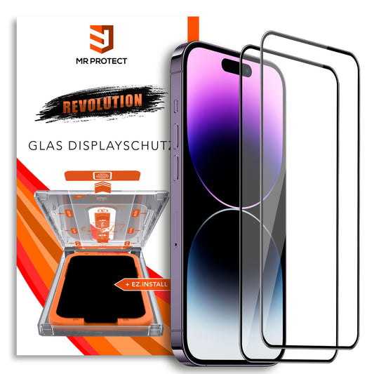 Das arktis 2er Set iPhone 14 Pro REVOLUTION Glas-Displayschutz von arktis wird mit zwei Displayschutzfolien, einem EZ.INSTALL Box Kit und der „MR PROTECT iPhone Displayschutz“-Verpackung gezeigt. Das Telefon zeigt einen auffälligen violett-schwarzen Farbverlauf.