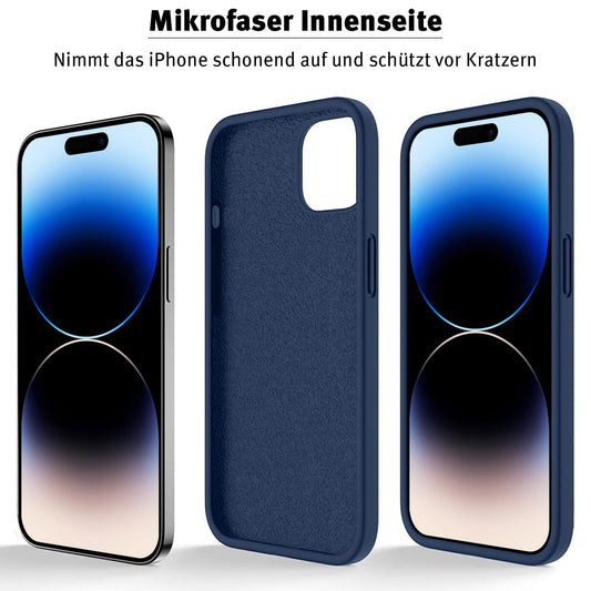 Das iCEO iPhone 14 Pro Silikon Case von iCEO schützt mit Mikrofaser-Futter vor Kratzern, unterstützt kabelloses Laden und bietet ein stilvolles Design in Blau und Schwarz.