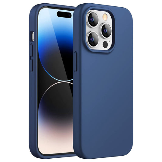Das iCEO iPhone 14 Pro Silikon Case von iCEO in Blau schützt Ihr Gerät, inklusive Kanten, und ist für kabelloses Laden geeignet. Das schlanke Design zeigt Vorder- und Rückseite mit drei Kameralinsen plus LED-Blitz.